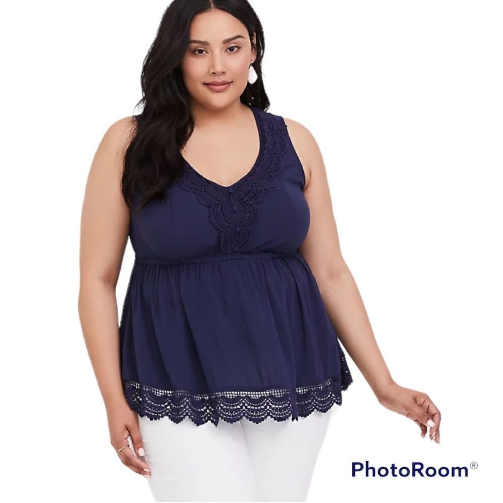 Torrid Navy Blue BABYDOLL CHALLIS WITH CROCHET TRIM sleeveless feminine TANK top